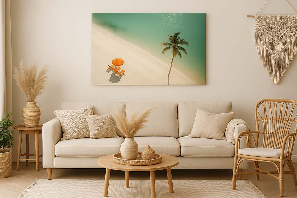 WanderNest's aerial view of a tranquil tropical beach with a lone palm tree casting a shadow on soft white sand. Nearby, an orange beach umbrella shades a row of matching lounge chairs, all facing the clear, turquoise ocean. Gentle waves meet the shore under bright sunlight, creating a peaceful and inviting scene. This printable digital wall art evokes relaxation and vacation vibes, perfect for coastal, tropical, or beach-themed decor. Ideal for adding warmth and serenity to any home or office space.