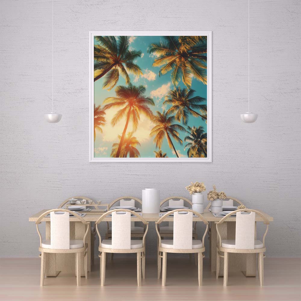 WanderNest Shop's vibrant tropical scene featuring tall palm trees silhouetted against a bright blue sky, dotted with soft white clouds. Golden sunlight filters through, casting a warm, dreamy glow that evokes a sense of relaxation and escape. The tranquil skyward view summons memories of dozing in a hammock, gently swaying to the soothing sound of ocean waves lapping the nearby shore. Create your personal oasis with this beautiful artwork as a focal point.