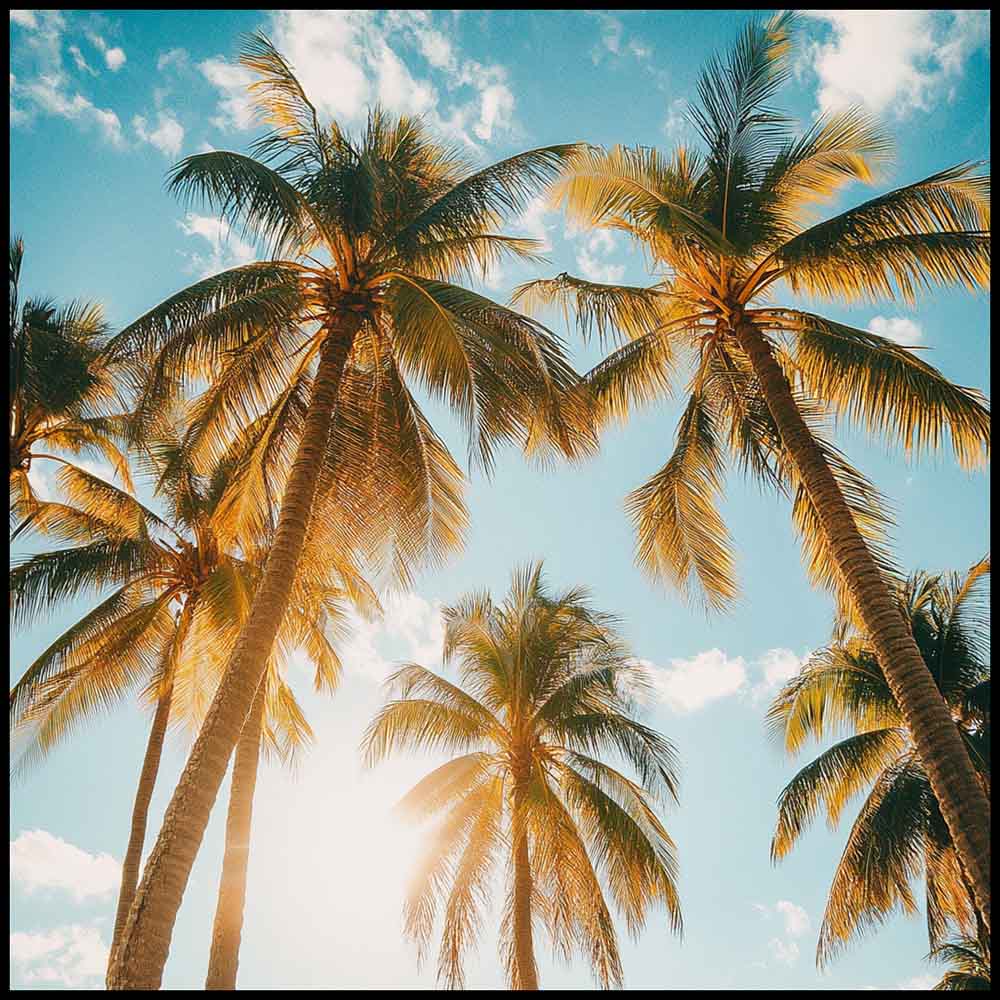 WanderNest's Caribbean travel photo featuring tall tropical palm trees with golden sunlight filtering through the fronds against a bright blue sky. A serene, nature-inspired beach scene perfect for coastal, boho, or summer-themed decor. High-resolution printable digital wall art designed to bring a warm, tropical vibe to any space—ideal for beach houses, vacation rentals, living rooms, bedrooms, or kitchens. Instant download for easy home decor refresh with a sunny, vacation-style, relaxation aesthetic.