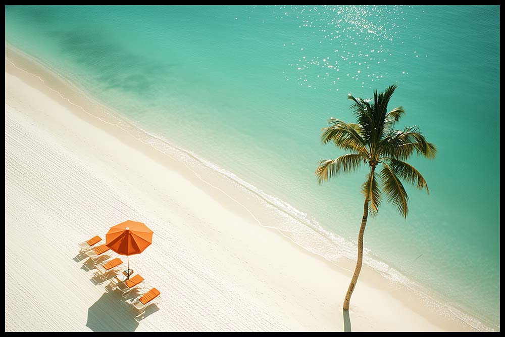 WanderNest's aerial view of a tranquil tropical beach with a lone palm tree casting a shadow on soft white sand. Nearby, an orange beach umbrella shades a row of matching lounge chairs, all facing the clear, turquoise ocean. Gentle waves meet the shore under bright sunlight, creating a peaceful and inviting scene. This printable digital wall art evokes relaxation and vacation vibes, perfect for coastal, tropical, or beach-themed decor. Ideal for adding warmth and serenity to any home or office space.