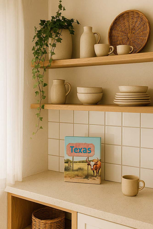 WanderNest's printable digital wall art featuring a rustic roadside scene of a vintage, rusted pink Texas sign and Longhorn bull. The weathered sign has bold blue “TEXAS” lettering and is set against a sunlit grassy landscape with clear blue skies. A classic symbol of Southwestern charm and Texan pride, this image is available in full color, black & white, or sepia tone. Perfect for rustic chic, farmhouse, or Western and cowboy-themed decor. This whimsical artwork instantly adds personality to any space!