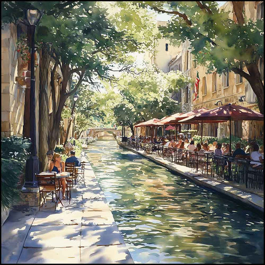 WanderNest's vibrant watercolor and pen-and-ink artwork captures a bright morning scene along the San Antonio River Walk, inspired by Impressionist and Monet-style techniques. Featuring sunlit riverside dining, lush green trees, historic architecture, and shimmering water reflections, the piece brings the charm of southern Texas to life. Perfect as printable digital wall art for travel lovers, San Antonio history fans, or anyone seeking warm, southwest-inspired cottagecore fixer upper home or office decor.