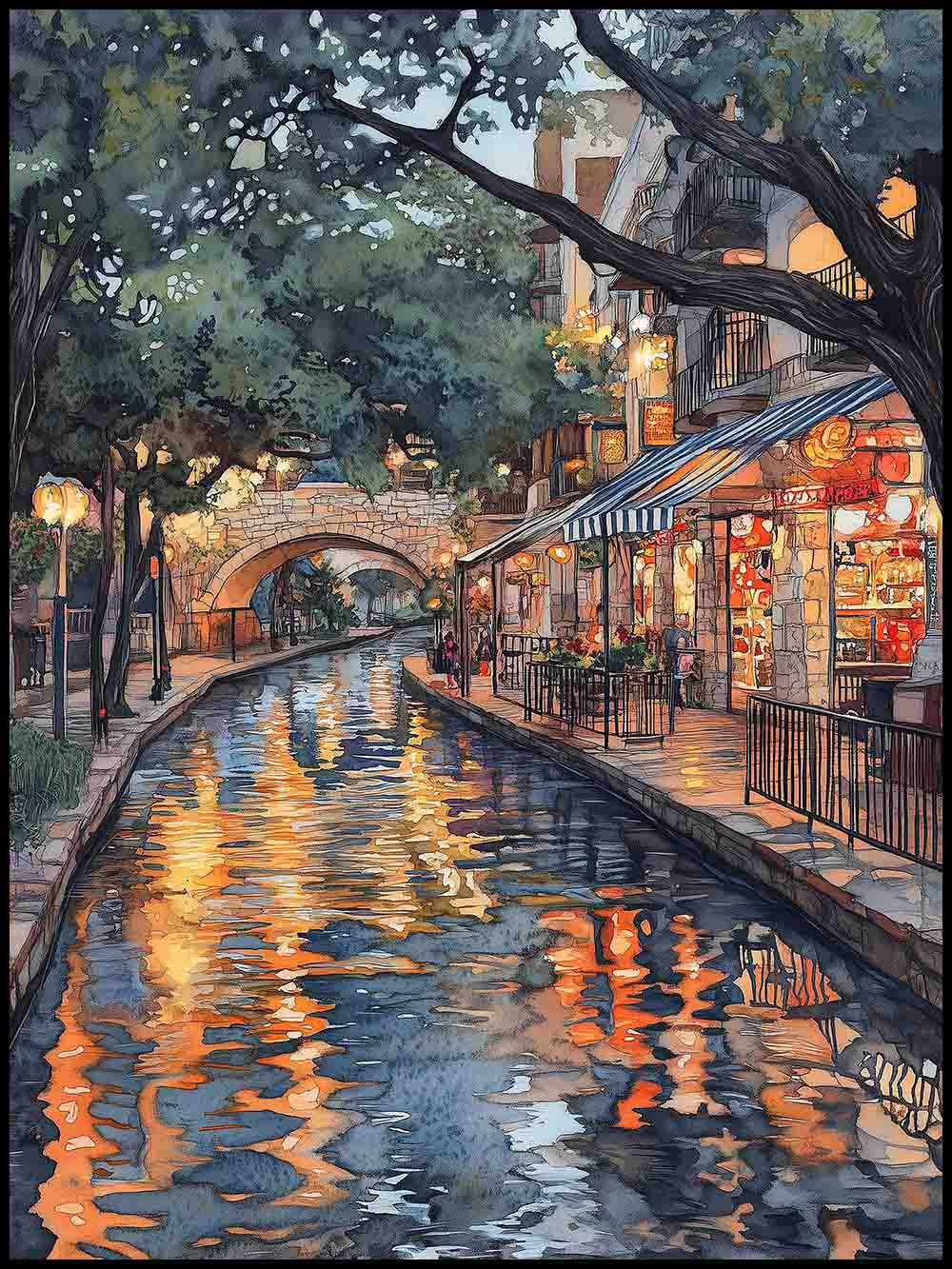 Shopping on the Riverwalk watercolor travel cityscape printable digital wall art by WanderNest Shop - Impressionistic Monet style watercolor - A charming evening scene of the beautiful San Antonio Texas River Walk. Water shimmers with vivid reflections of golden evening lights from nearby shops. An historic stone bridge spans the tree-lined canal, and tourists stroll under striped awnings, enjoying the nostalgic, vibrant atmosphere. Perfect for southwest Texas and wanderlust inspired wall decor styles.