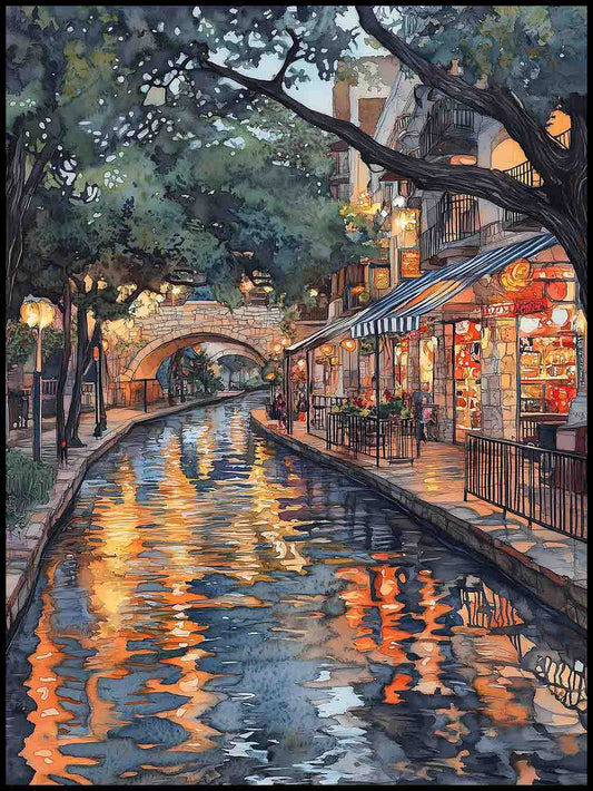 Shopping on the Riverwalk watercolor travel cityscape printable digital wall art by WanderNest Shop - Impressionistic Monet style watercolor - A charming evening scene of the beautiful San Antonio Texas River Walk. Water shimmers with vivid reflections of golden evening lights from nearby shops. An historic stone bridge spans the tree-lined canal, and tourists stroll under striped awnings, enjoying the nostalgic, vibrant atmosphere. Perfect for southwest Texas and wanderlust inspired wall decor styles.