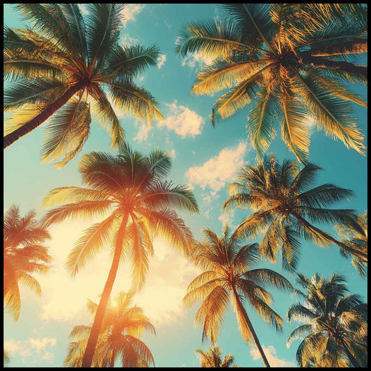 WanderNest Shop's vibrant tropical scene featuring tall palm trees silhouetted against a bright blue sky, dotted with soft white clouds. Golden sunlight filters through, casting a warm, dreamy glow that evokes a sense of relaxation and escape. The tranquil skyward view summons memories of dozing in a hammock, gently swaying to the soothing sound of ocean waves lapping the nearby shore. Create your personal oasis with this beautiful artwork as a focal point.