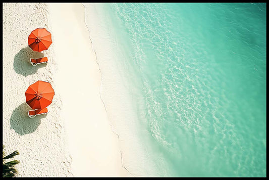 WanderNest's aerial photo of "The Perfect Pair", stunning printable digital wall art featuring a minimalist beach scene. Two vibrant orange umbrellas rest on soft white sand, beside crystal-clear turquoise blue water. This beautiful high-resolution coastal print brings a sense of calm, warmth, and modern tropical cottage charm to any space. Perfect for beach lovers, travel-inspired decor, romantic coastal farmhouse styles, or creating a serene vacation vibe at home or vacation rental decoration.