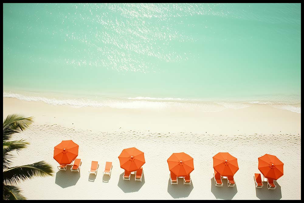 WanderNest's high-resolution digital wall art photography featuring a tranquil aerial view of a tropical beach with soft white sand, gentle ocean waves, and crystal-clear turquoise water. Five vibrant orange beach umbrellas with matching lounge chairs are neatly arranged along the shore, creating a minimalist and modern coastal scene. Perfect for summer decor, beach-themed interiors, or vacation home wall art. Printable digital download ideal for instant decor refresh.