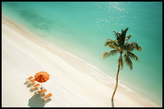 WanderNest's aerial view of a tranquil tropical beach with a lone palm tree casting a shadow on soft white sand. Nearby, an orange beach umbrella shades a row of matching lounge chairs, all facing the clear, turquoise ocean. Gentle waves meet the shore under bright sunlight, creating a peaceful and inviting scene. This printable digital wall art evokes relaxation and vacation vibes, perfect for coastal, tropical, or beach-themed decor. Ideal for adding warmth and serenity to any home or office space.