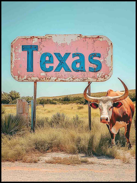 WanderNest's printable digital wall art featuring a rustic roadside scene of a vintage, rusted pink Texas sign and Longhorn bull. The weathered sign has bold blue “TEXAS” lettering and is set against a sunlit grassy landscape with clear blue skies. A classic symbol of Southwestern charm and Texan pride, this image is available in full color, black & white, or sepia tone. Perfect for rustic chic, farmhouse, or Western and cowboy-themed decor. This whimsical artwork instantly adds personality to any space!