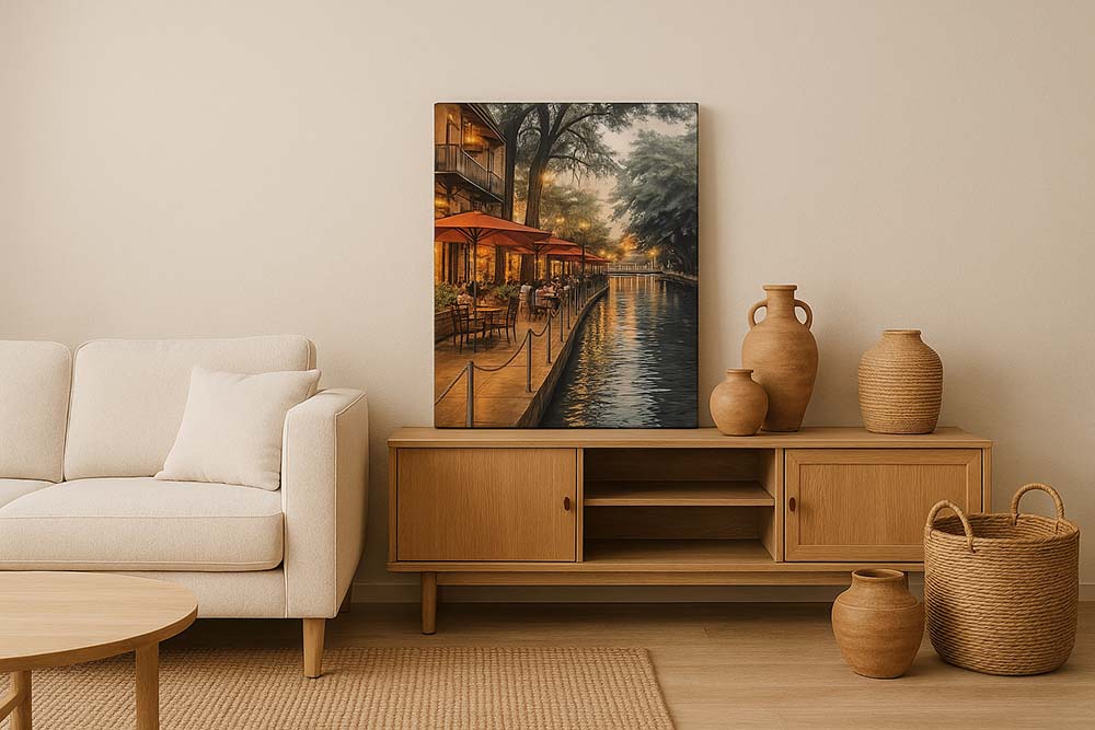 WanderNest's stunning watercolor and pen-and-ink cityscape of the San Antonio River Walk, featuring glowing evening lights, tree-lined canals, and vibrant riverside dining. The artwork captures the charm and elegance of this iconic southwest Texas destination, with serene reflections on the water and a welcoming, nostalgic atmosphere. Perfect for travel lovers and fans of Impressionist-inspired art, this printable digital wall art decor brings warmth, sophistication, and a touch of wanderlust to any space.
