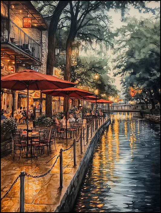 WanderNest's stunning watercolor and pen-and-ink cityscape of the San Antonio River Walk, featuring glowing evening lights, tree-lined canals, and vibrant riverside dining. The artwork captures the charm and elegance of this iconic southwest Texas destination, with serene reflections on the water and a welcoming, nostalgic atmosphere. Perfect for travel lovers and fans of Impressionist-inspired art, this printable digital wall art decor brings warmth, sophistication, and a touch of wanderlust to any space.